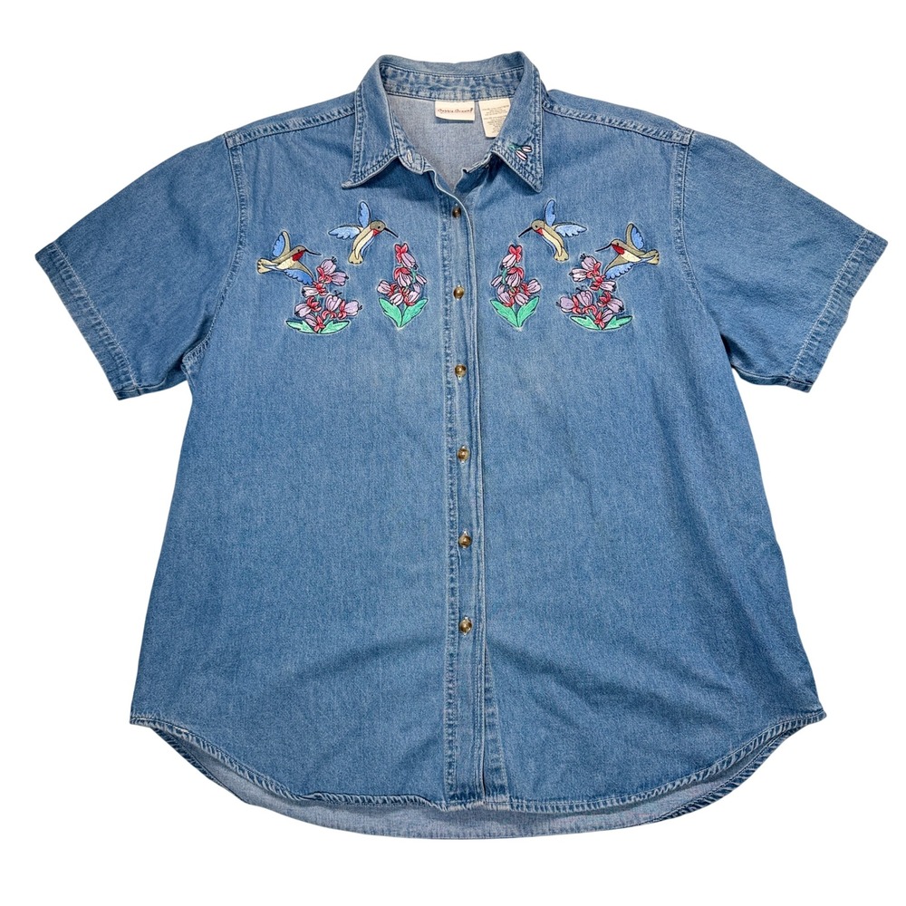 Vintage Bobbie Brooks Denim Shirt Womens XL Floral Embroidered Hummingbird